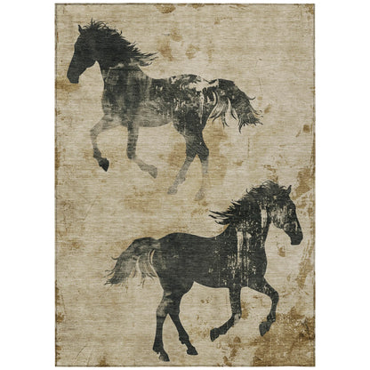 3' X 5' Beige And Charcoal Horse Washable Indoor Outdoor Area Rug
