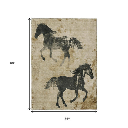 3' X 5' Beige And Charcoal Horse Washable Indoor Outdoor Area Rug