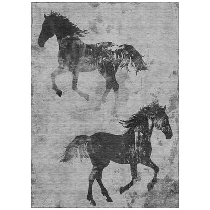 3' X 5' Gray And Charcoal Horse Washable Indoor Outdoor Area Rug