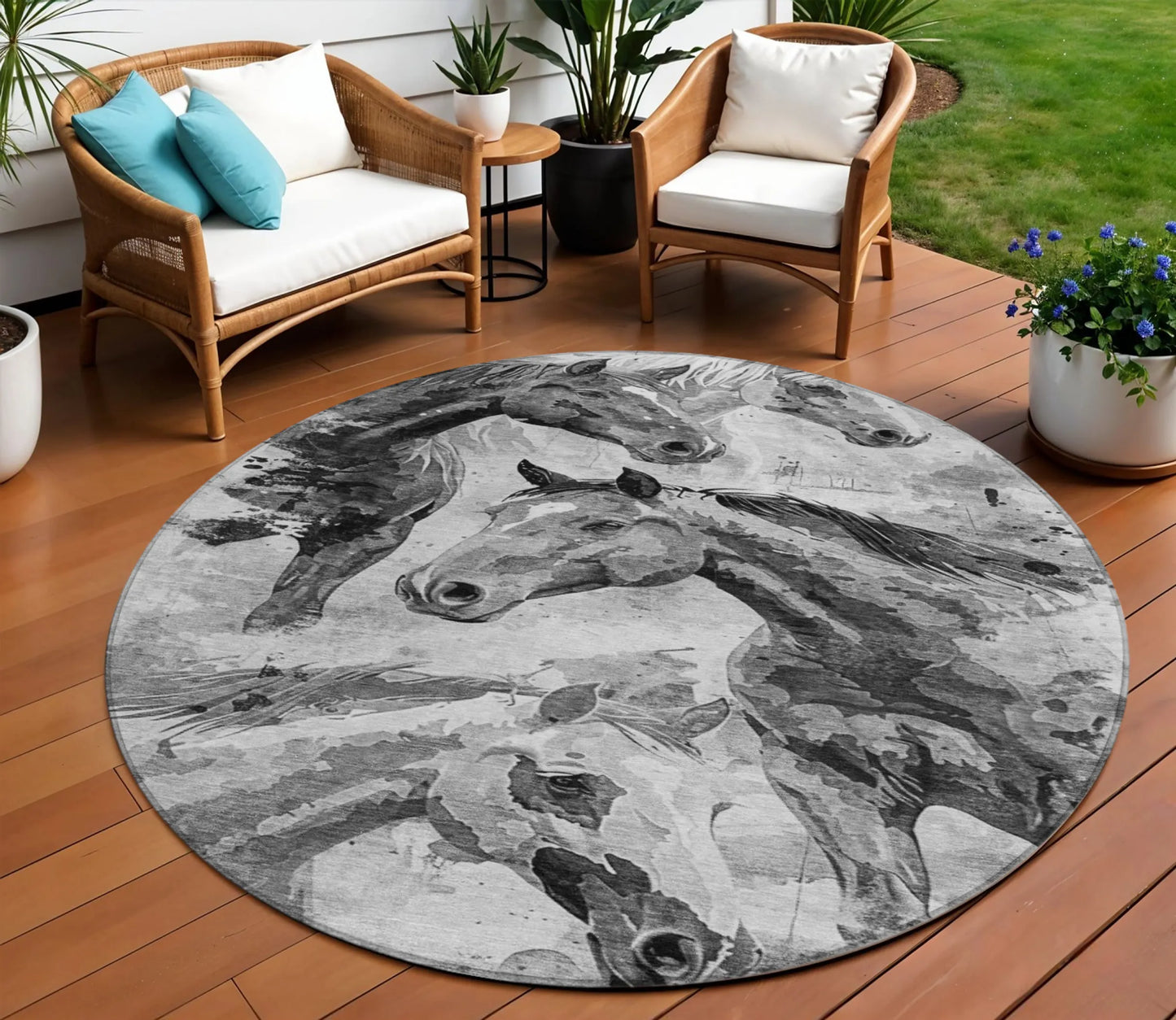 8' Gray And Silver Round Horse Washable Indoor Outdoor Area Rug