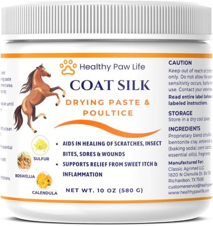 Coat Silk Drying Paste & Poultice for Horses – Natural Relief for Wounds, Scratches, Sores & Sweet Itch – Enriched with Sulfur, Boswellia & Calendula – 10 oz